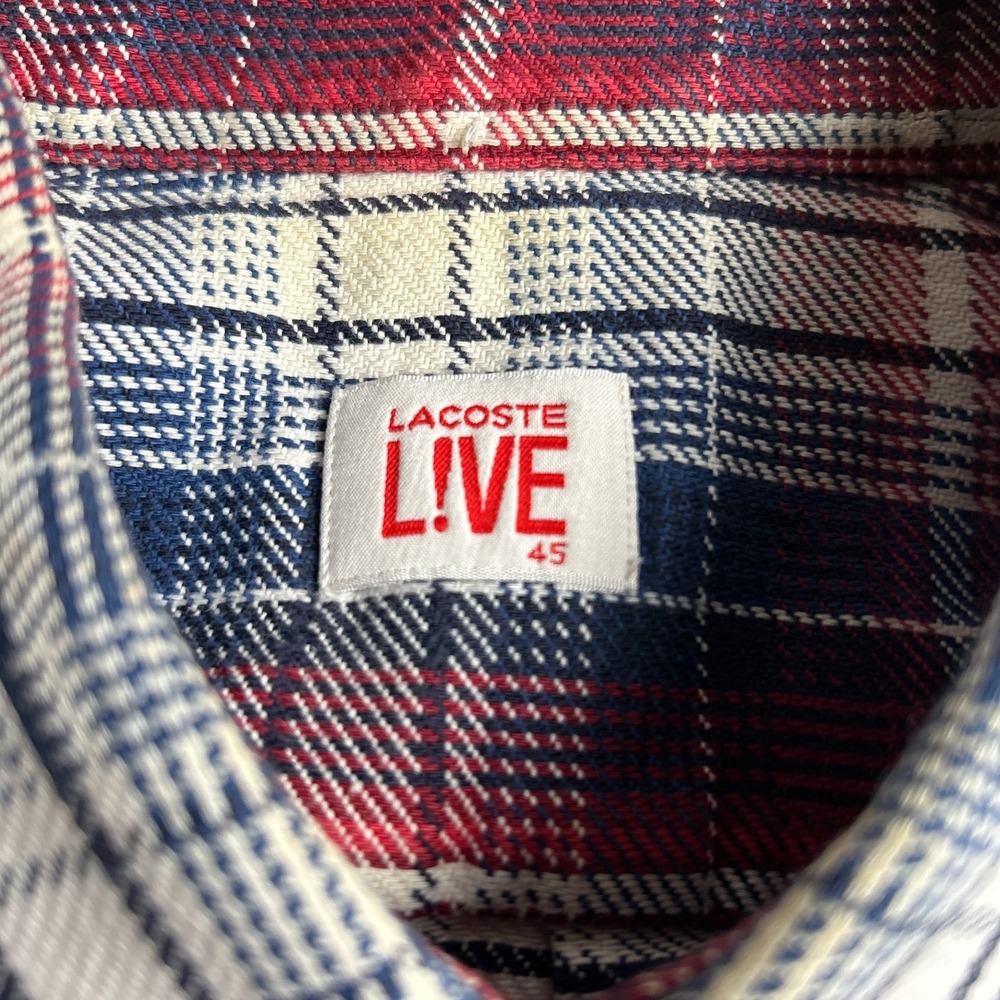 Lacoste L!VE Mens Size 45 Large Plaid Flannel Shirt Long Sleeve Navy Red - Picture 3 of 8